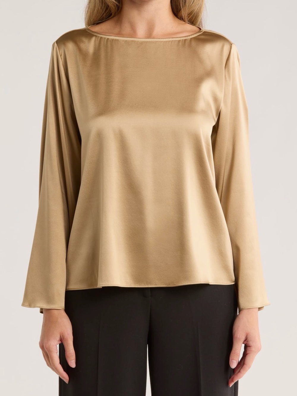 Eileen Fisher Bateau Neck Silk Blend Long-Sleeve Blouse in Gold New